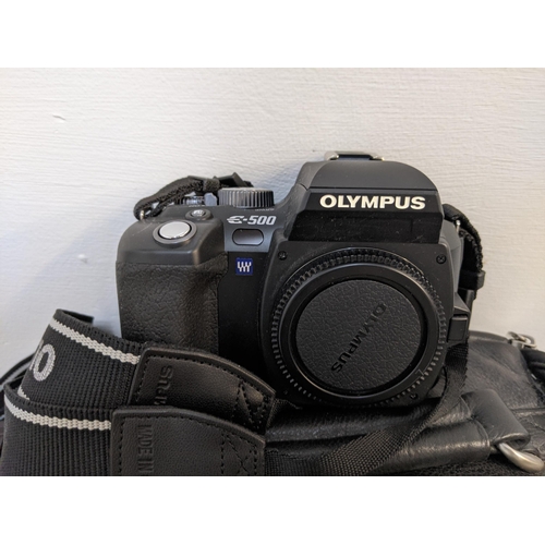 327 - Digital photography equipment and accessories to include an Olympus E-500, a Fujifilm Finepix S1, tw... 