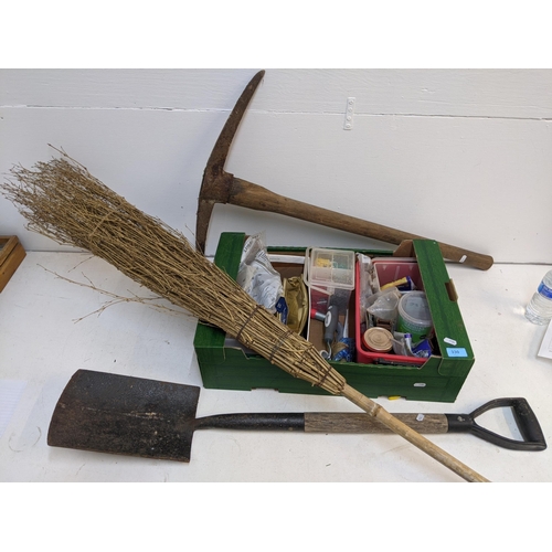 330 - A mixed lot to include plugs and fittings, a pick axe, a broomstick, a spade and other items Locatio... 