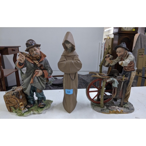 345 - Two Capi de Monte figures of an older gentleman mending his overcoat and another of a cutler and a L... 