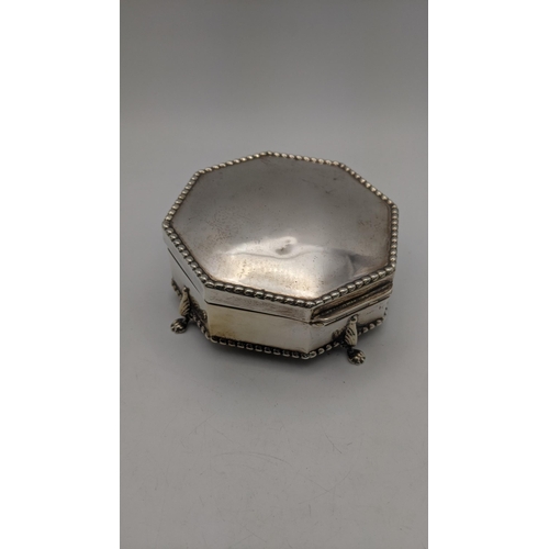 60 - A silver dressing table ring box on four paw feet hallmarked Birmingham 1915 181.4g
Location:R2.3
If... 