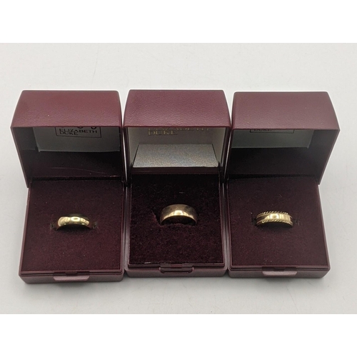 8 - Three 9ct gold wedding bands to include one having engraved detail total weight 6.9g
Location:CAB4
I... 