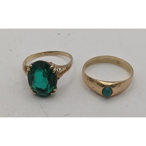 80 - Two gold ladies rings to include a 9ct gold ring fasted with a green coloured stone, along with a go... 