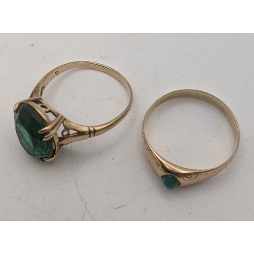 80 - Two gold ladies rings to include a 9ct gold ring fasted with a green coloured stone, along with a go... 