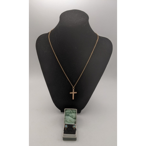 81 - Mixed gold to include a 9ct gold cross pendant on a gold necklace together with a pair of gold earri... 