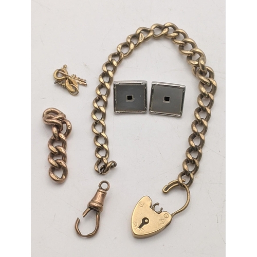 92 - Mixed 9ct gold to include a bracelet with a heart shaped padlock clasp A/F, together with a pair of ... 