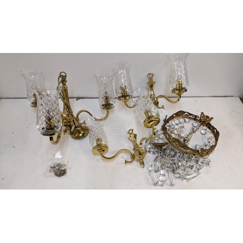 204 - A late 20th century brass chandelier with glass shades and a pair of matching wall lights and a bras... 