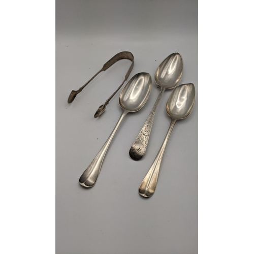 226 - Three Georgian silver table spoon, together with a pair of sugar tongs, total weight 196.8g
Location... 