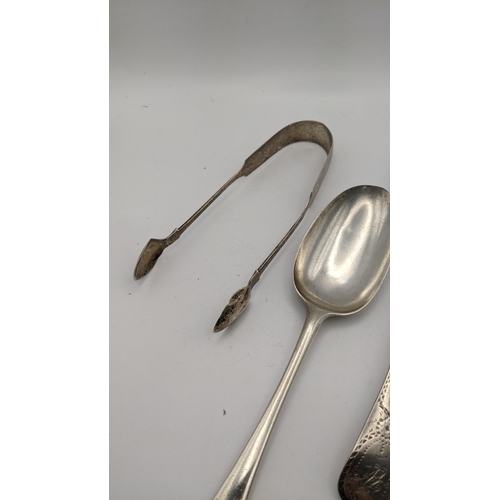 226 - Three Georgian silver table spoon, together with a pair of sugar tongs, total weight 196.8g
Location... 