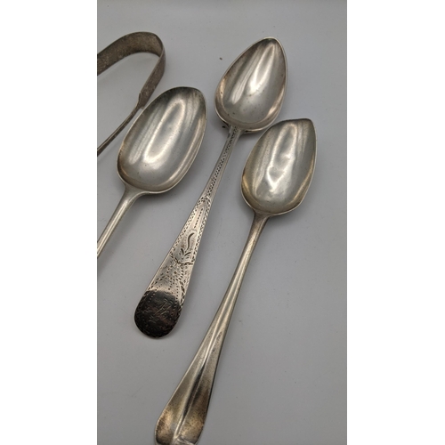 226 - Three Georgian silver table spoon, together with a pair of sugar tongs, total weight 196.8g
Location... 