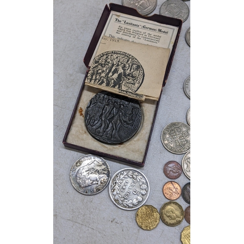 319 - Mixed coins to include a Napoleon III silver five-francs, Louis Philippe I silver five-francs, Crown... 