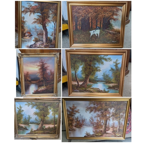 324 - Six 1980s oil paintings to include one depicting a dog in a woodland scene Location: BWR
If there is... 