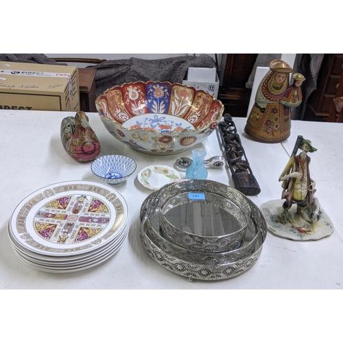 343 - A mixed lot to include a large Japanese Satsuma bowl, a model of a gentleman and dog standing with d... 