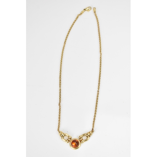 296 - A 14ct yellow gold and amber necklace with matching earrings, the necklace having a spiga chain with... 