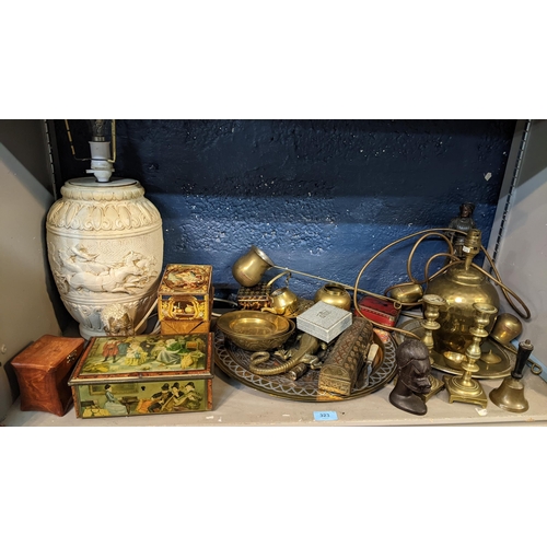 323 - A mixed lot to include a silver plated thimble case, graduated brass hanging jugs, French 19th centu... 