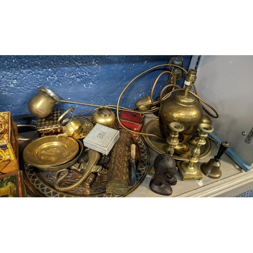 323 - A mixed lot to include a silver plated thimble case, graduated brass hanging jugs, French 19th centu... 