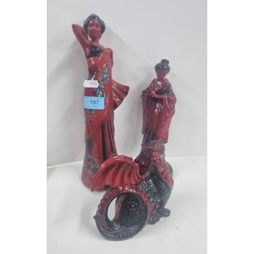 197 - Three Royal Doulton figures to include 'The Geisha' 'Flombe' Eastern Grace & Dragon
Location: 11-1
I... 