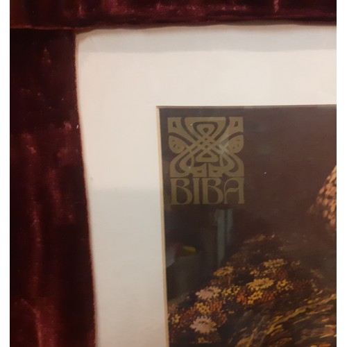 2 - BIBA- An original 1974 shop poster mounted in a burgundy velvet covered glazed frame depicting a fem... 