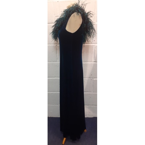 12 - Gina Bacconi-A teal one-shoulder velveteen evening dress with teal ostrich feather neckline, UK size... 