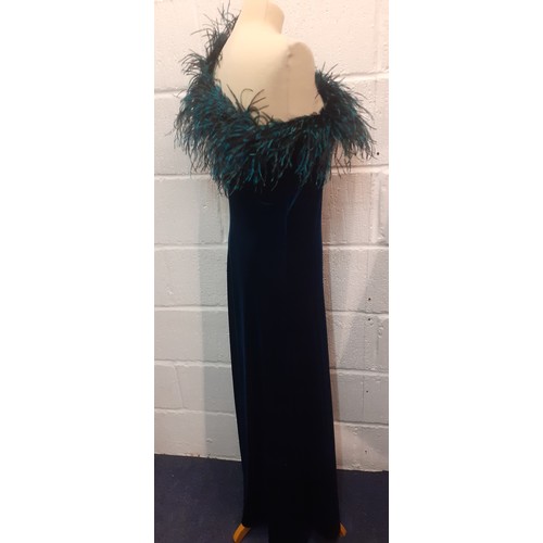 12 - Gina Bacconi-A teal one-shoulder velveteen evening dress with teal ostrich feather neckline, UK size... 