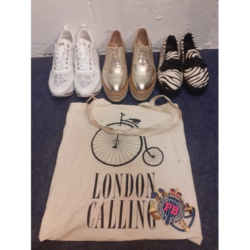 59 - Three pairs of ladies leisure shoes comprising a pair of hardly worn gold Carvela for Kurt Geiger Eu... 