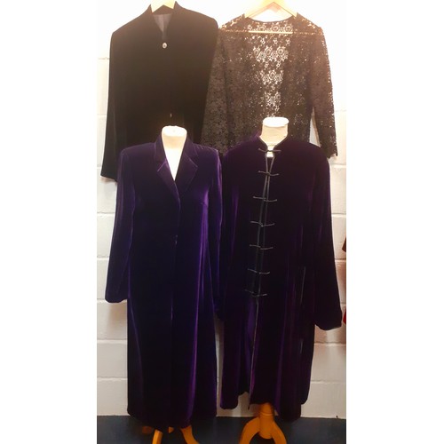 61 - Ladies evening wear to include a Lunn Antiques purple velvet Oriental style over garment with Mandar... 