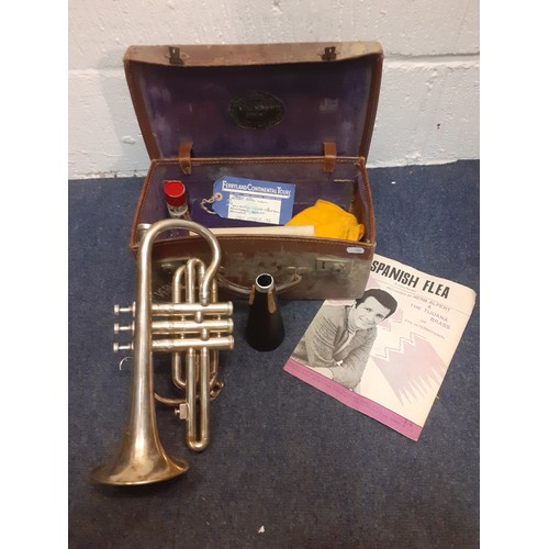 199 - A Boosey & Hawkes silver tone cornet serial no:131724 in brown leather case with accessories. Locati... 