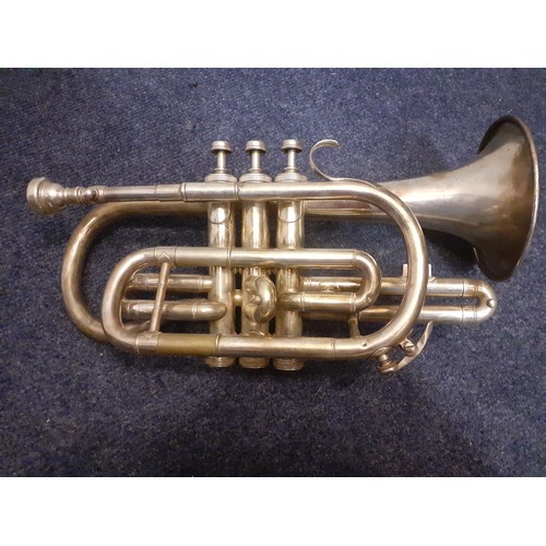 199 - A Boosey & Hawkes silver tone cornet serial no:131724 in brown leather case with accessories. Locati... 