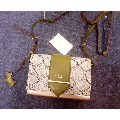 141 - Vintage bags, wraps and scarves to include a Radley shoulder with snakeskin design, an Osprey blue l... 