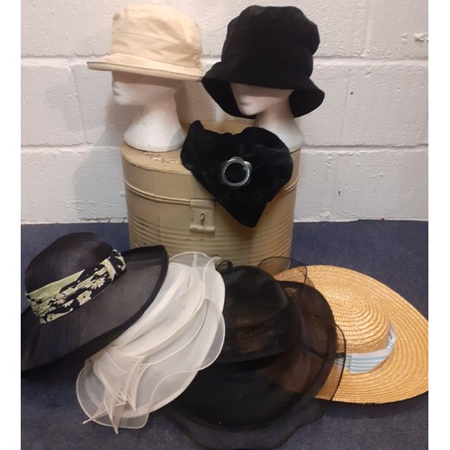 65 - A Victorian painted metal hat box and a quantity of ladies hats to include M&S, Alexon and Clock Hou... 