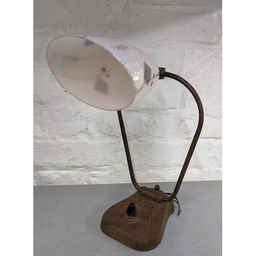 226 - An Arts and Crafts style lamp with glass shade together with a Victorian brass letter box with an in... 