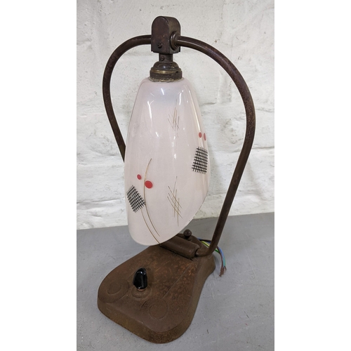 226 - An Arts and Crafts style lamp with glass shade together with a Victorian brass letter box with an in... 