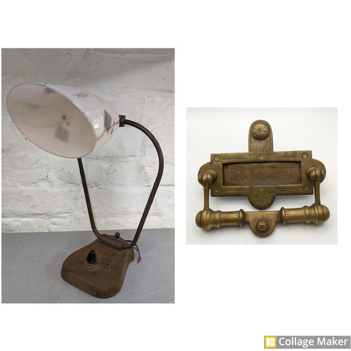 226 - An Arts and Crafts style lamp with glass shade together with a Victorian brass letter box with an in... 