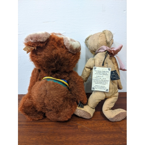 39 - HM Bears - a replica 1903 teddy handmade by Iris & Ches Chesney and a Russian olympic mascot teddy b... 