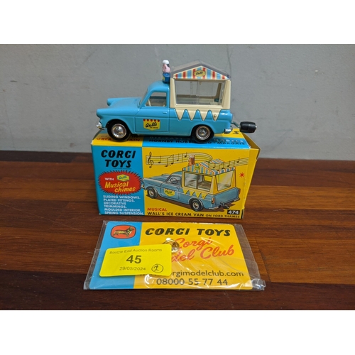 45 - A Corgi reproduction/modern musical Wallis ice-cram van on Ford Thames, model number 474 and a Corgi... 