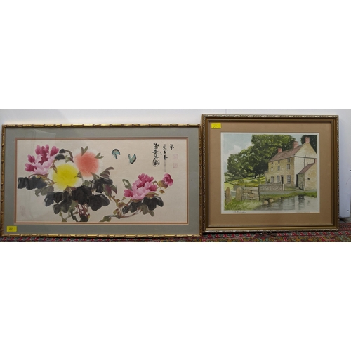 261 - A 20th century Chinese painting of flora signed in a gilt frame, and a Travis watercolour of a Derby... 