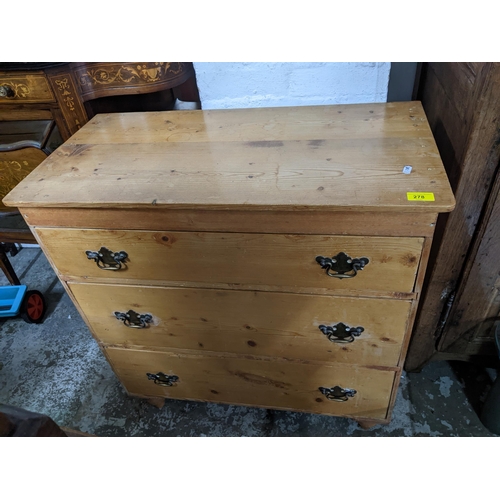 278 - Small Victorian pine chest of three graduated drawers, brass handles on turned legs 83cm x 79cm x 40... 