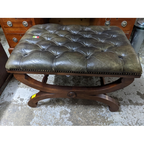 281 - A 20th century mahogany X-framed and green leather button upholstered stool 41cm x 64cm x 47cm Locat... 