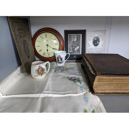 291 - Mixed commemorative ephemera, Victorian Rev John Browns family bible, quartz wall clock and other it... 