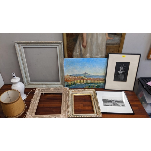 125 - Pictures to include an Italian market square, oil on board, photo, limited edition photo, frames and... 