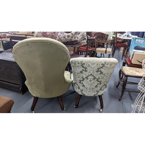 131 - Two Victorian button back upholstered nursing chairs both on mahogany legs with casters
Location: BW... 