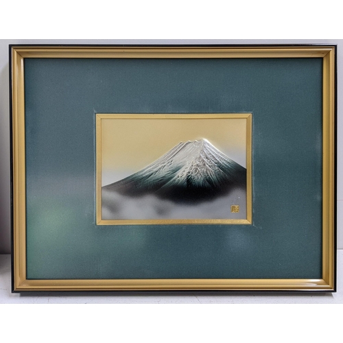 145 - A Japanese metal relief plaque depicting Mt. Fuji, possibly by Haruyama, 21cm x 45cm, framed
Locatio... 