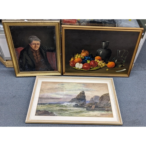 150 - Three pictures to include a Salvatore Langello still life oil painting, oil on canvas portrait and a... 