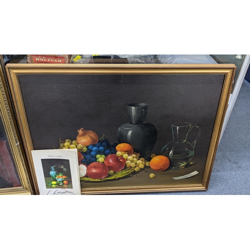 150 - Three pictures to include a Salvatore Langello still life oil painting, oil on canvas portrait and a... 