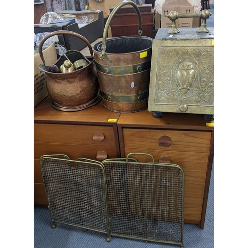 158 - Two late 19th century/early 20th century coal buckets, together with a brass fronted coal purdonium ... 