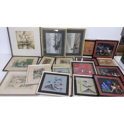 204 - Mixed framed pictures to include contemporary tribal gouache paintings signed Elian, a watercolour e... 