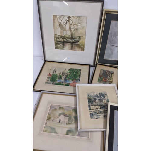 204 - Mixed framed pictures to include contemporary tribal gouache paintings signed Elian, a watercolour e... 