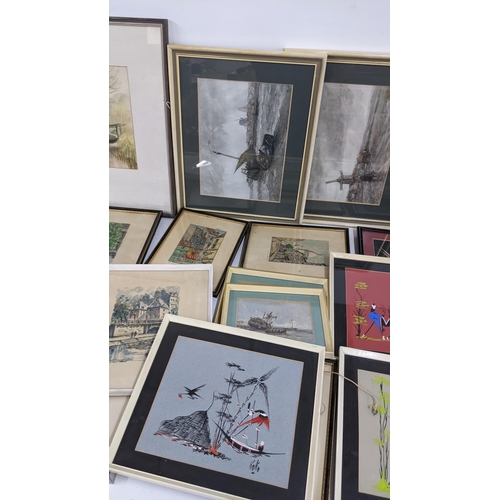 204 - Mixed framed pictures to include contemporary tribal gouache paintings signed Elian, a watercolour e... 