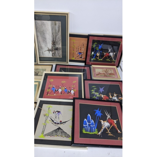 204 - Mixed framed pictures to include contemporary tribal gouache paintings signed Elian, a watercolour e... 