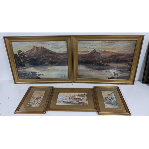 207 - Two early 20th century oil on canvas paintings depicting a lake landscape scene, signed 1922 and sig... 