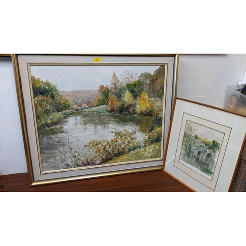 299 - G Potter - a lake scene with trees and a cottage, oil on board, signed and a print
Location:G

If th... 